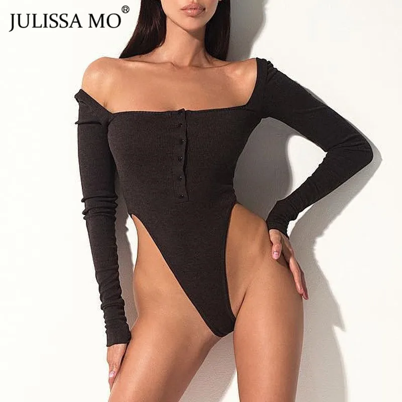 Julissa mo черный с открытыми плечами сексуальный боди Женский с вырезом лодочкой с длинным рукавом комбинезоны Осенние пуговицы обтягивающие Боди Комбинезоны