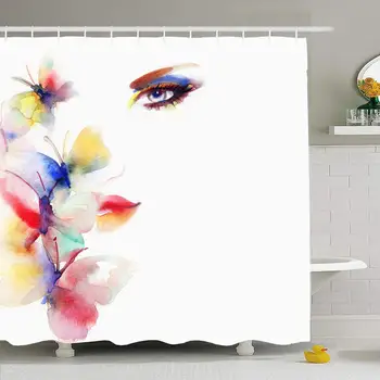 

Shower Curtain Set with Hooks 72x78 Butterfly Texture Style Lips Woman Cosmetics Abstract Model Fashion Face Watercolor People