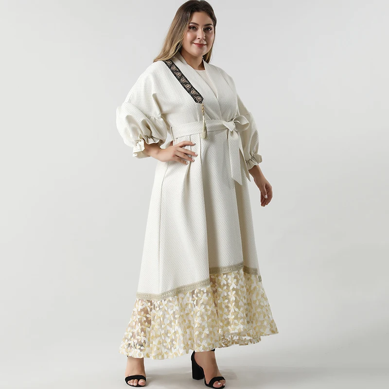 

Vestidos New Women Long White Dress Sexy Deep Dress Sukienki Women Plus Size Dress With Golden Embroidery Lace Hem Toleen 2019