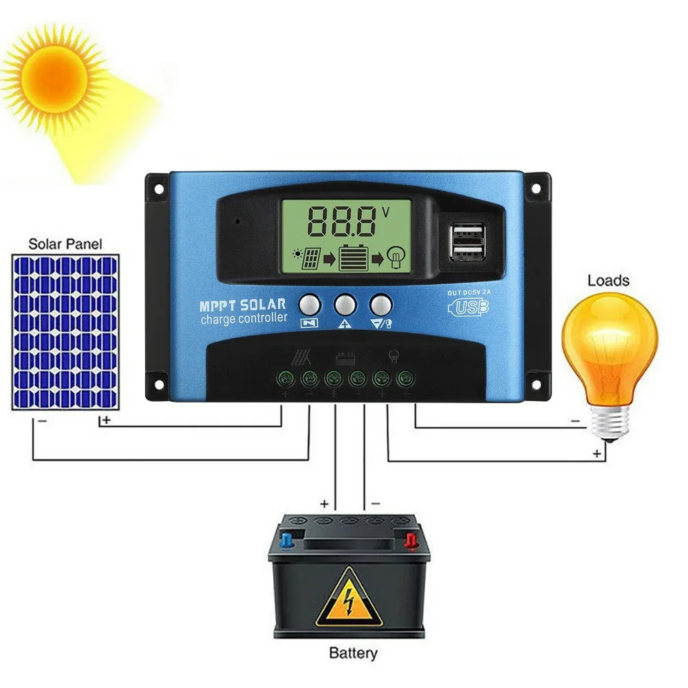 Контроллер заряда 30A/40A/50A/60A/100A MPPT солнечная панель регулятор заряда батареи контроллер USB ЖК-дисплей 12 В/24 В зарядное устройство