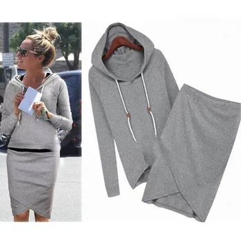 

The New Fleece Suit Women Hooded Cultivate Hoodies Skirts Set Female Thicken Loose Cotton Top Skirts Sexy Split Set Suit