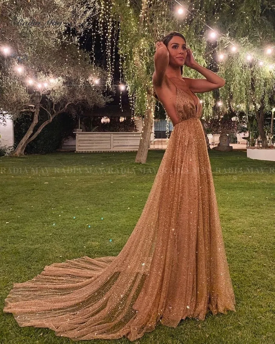 Блестящее длинное платье для выпускного вечера из розового золота с блестками пикантные тонкие бретельки вечерние платья в арабском стиле с открытой спиной женское вечернее платье