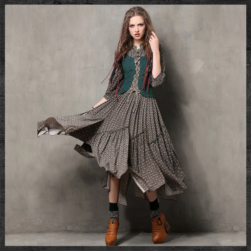 

JINGRUI 2019 Autumn New women's Fake Two-piece Printing Irregular Retro Embroidery Sleeve Dresses