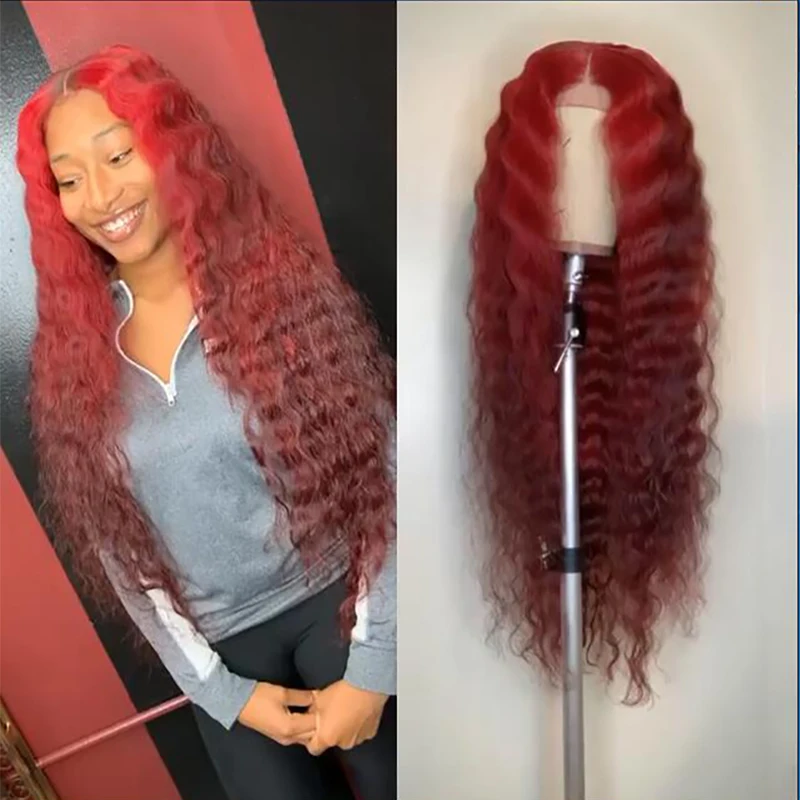 Skup 13 × 6 ciemno czerwony i wino czerwony kolor koronki przodu ludzki włos peruka Remy brazylijski włosy mocno falowane w stylu brazylijskim Ombre koronkowa peruka dla kobiet