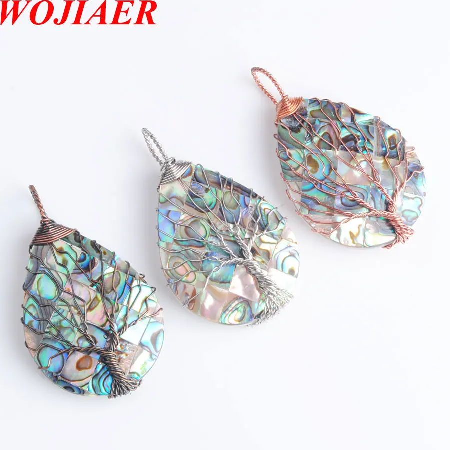 

Tree of Life Wire Wrap Water Drop Bead Necklace&Pendant Natural Abalone Shell Jewelry WOJIAER PBN814