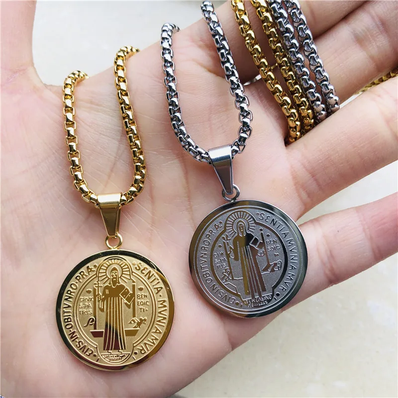 

Catholic Saint Benedict Medallion Pendant Necklace Gold Silver Color Stainless Steel San Benito Collares For Men Jewelry