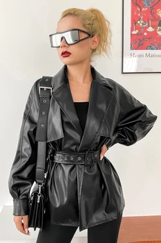 

Women's Winter Jacket Autumn Sexy Belt Leather Jacket Streetwear Motorcycle Windbreaker Coat 2019 Fashion Clothing