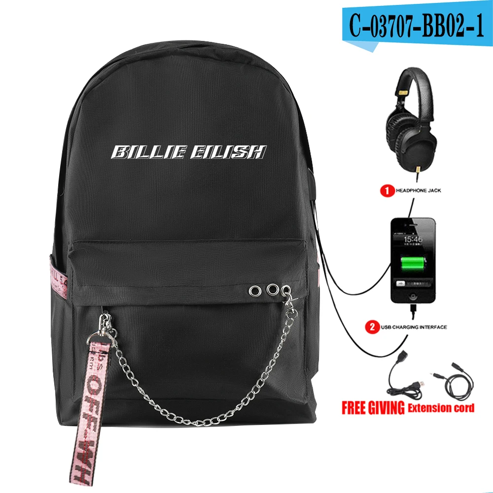 Billie Eilish print New vogue Backpack Teenager Boy/girl School Bags Waterproof Oxford USB Charger Women/Men Backpack School Bag - Цвет: picture color