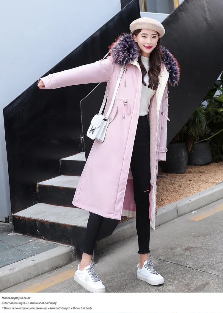 Winter New Style Thick plus Velvet Removable Shoulder over-the-Knee Long Hooded Large Fur Collar Women Coat Warm Cotton Coat
