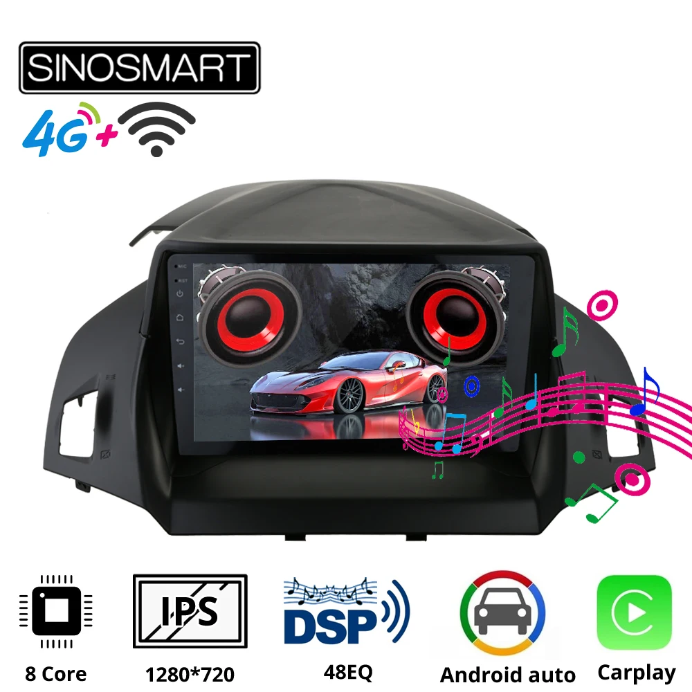 Sinosmart 8 CoreDSP 48EQ Car GPS Navigation Radio for Ford Kuga 201320142015 for Escape C-Max 2012-20182.5D IPS/QLED Screen