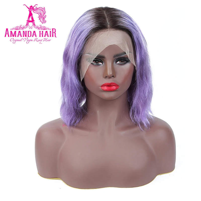 

Amanda T1b/purple Bob Wig Brazilian Body Wave Lace Front Wig Human Remy Hair Wig 13x6 Middle Part 150% Density Pre Plucked