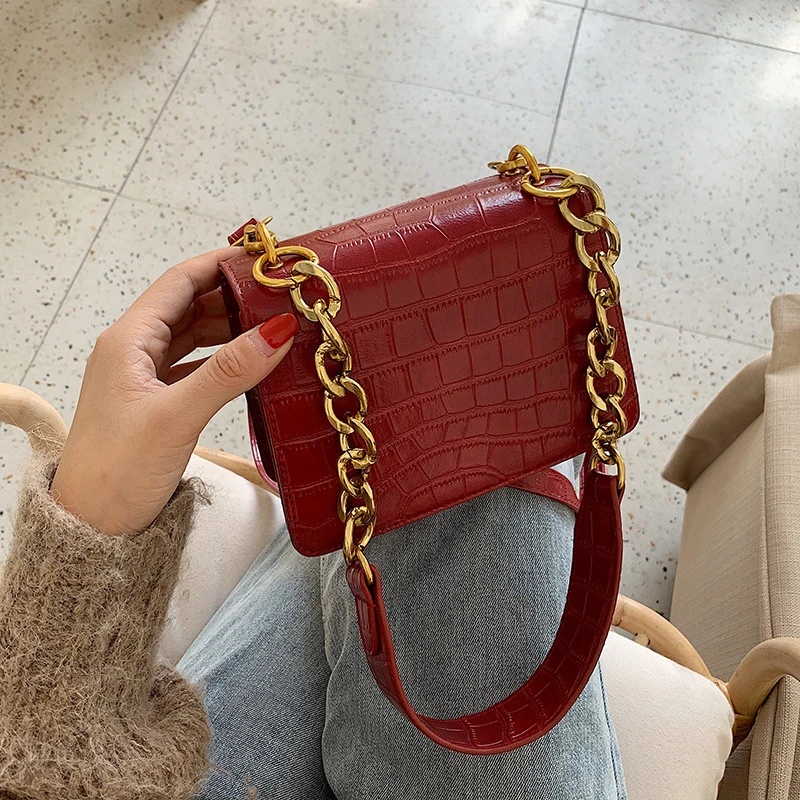 

Stone Pattern Retro PU Leather Crossbody Bags for Women 2020 Small Shoulder Messenger BagThick Chain Lady Phone Handbags Purses