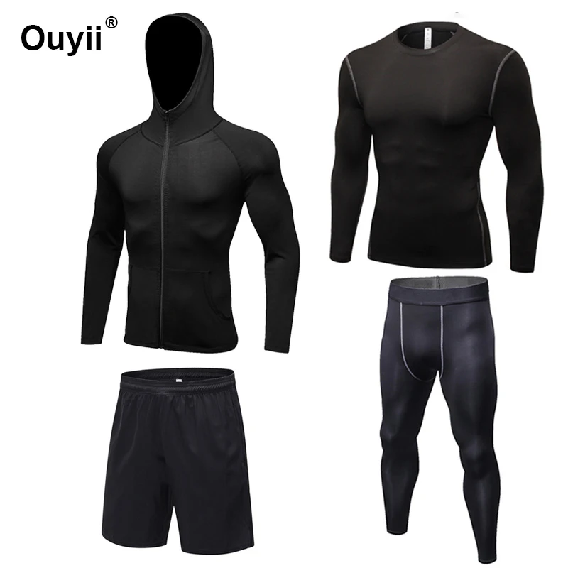 4 Pcs Suit Для Мужчин Спортивная Сжатия спортивный костюм быстросохнущая комплект для бега одежда для детей спортивный костюм для бега тренировки Спорт Фитнес Спортивный костюм напрягающий одежда - Цвет: 4 Pcs Suit