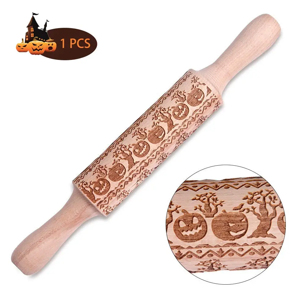 Halloween Rolling Pins Spider squash Wooden Rolling Embossing Baking Cookies Biscuit Fondant Cake Patterned Roller 14 inches