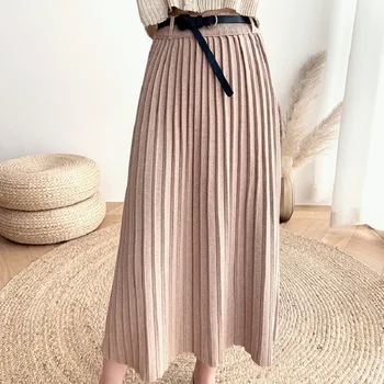 

High Waist Pleated Midi Skirts women 2020 Autumn Winter High Waist Slimming Knitting Skirt with belt Office Lady casual Skirt