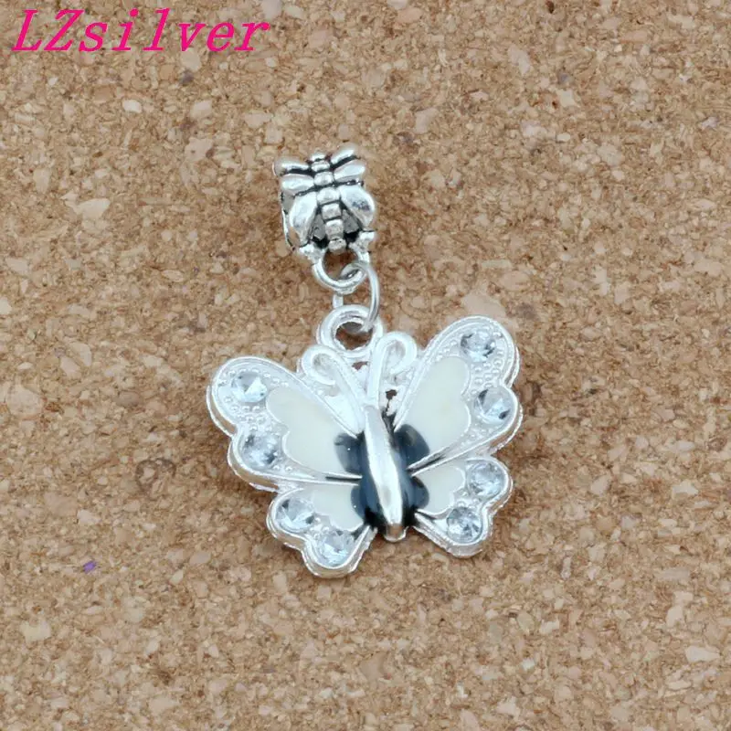 

50pcs/lots White Rhinestone Enamel Butterfly Dangle Charm Beads Fit Charm necklace DIY Accessories 22x32.5mm A-510a