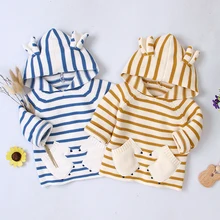 Детский вязаный свитер; Детский свитер в полоску; одежда с капюшоном; детская одежда; осенне-зимние хлопковые топы для малышей; костюмы