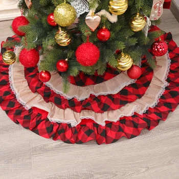 

120cm Plaid Linen Lace Christmas Tree Skirt Tree Bottom Dress Up Apron Mat for Decorating Christmas Tree