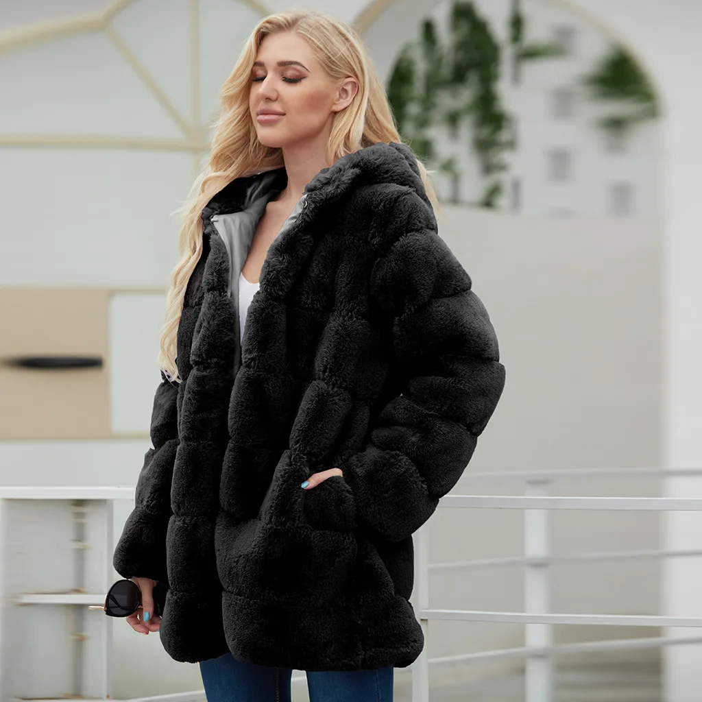 JAYCOSIN Женское пальто, модное женское теплое сексуальное пальто из искусственного меха, куртка, однотонная верхняя одежда с капюшоном, зимнее длинное пальто из искусственного меха