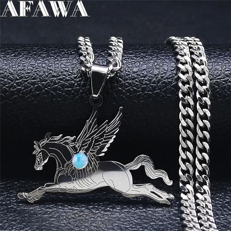 Animal Pegasus Horse With Wings Stainless Steel Moonstone Necklaces Chain Silver Color Jewelry chaine acier inoxydable N2206S02 | Украшения