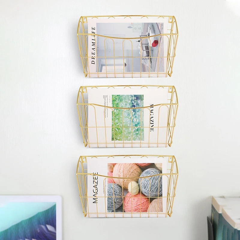 

Hanging File Organizer, 3 Pocket Wall Mount Document Letter Tray File Organizer, Gold