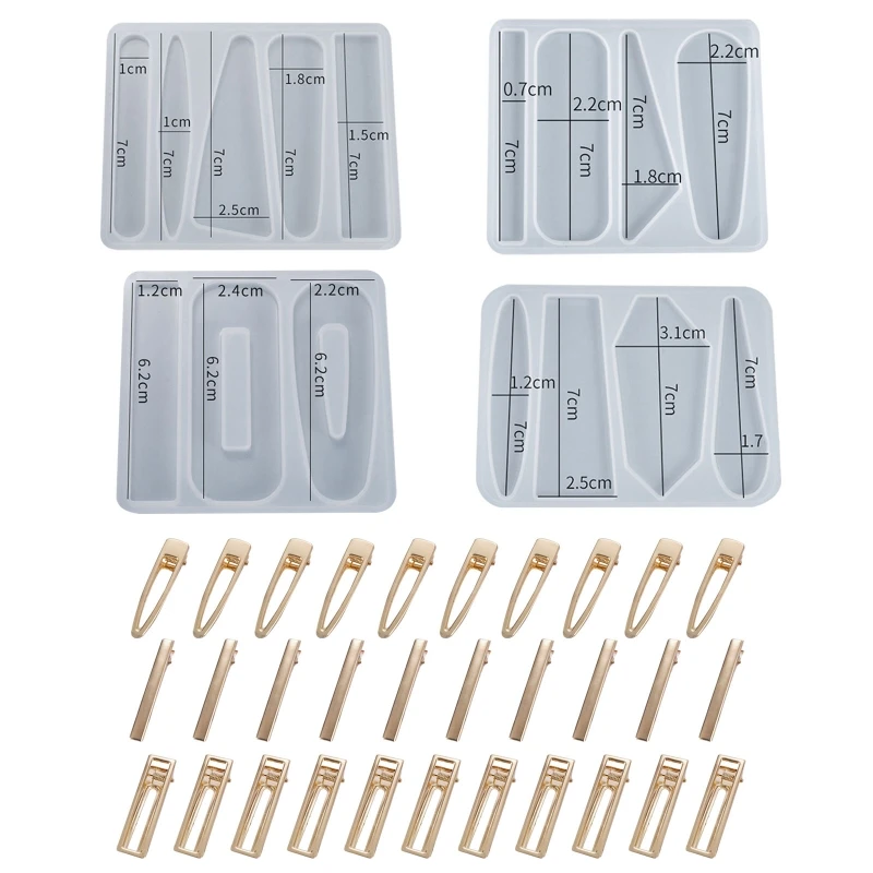 

34PCS DIY Silicone Resin Molds for Hair Pin Clip Making, Including 4 Pack Hair Barrette Epoxy Resin Casting Molds, 30 PCS Gold H