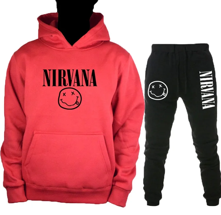 

2019 new rock band NIRVANA printing autumn and winter men's fashion hooded pullover + pants suit 100% cotton comfortable warm