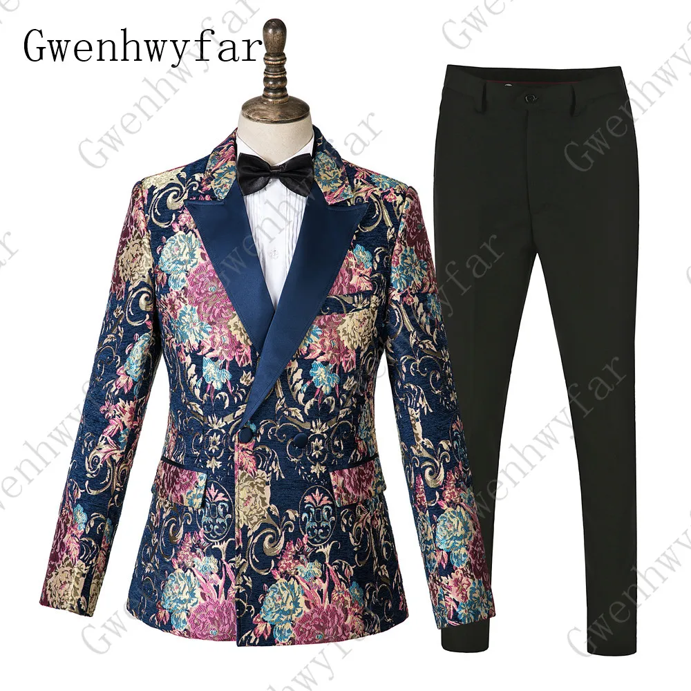 

2019 Fashion Colorful Floral Printed Men Suits Slim Fit Prom Tuxedo Male Suits For Wedding 2 Pieces Costume Set Custom Size