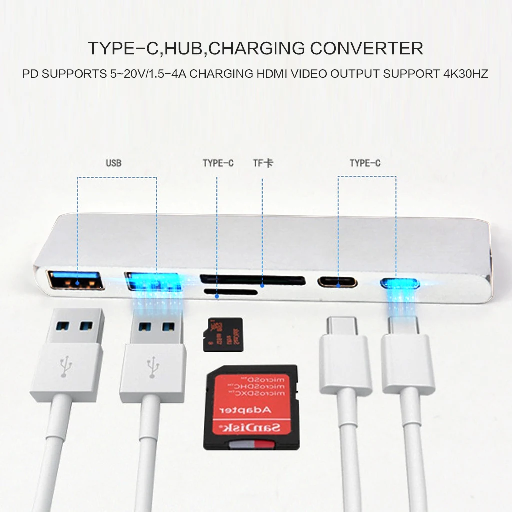 Переносной USB 3,1 type-C концентратор к HDMI адаптер 4K Thunderbolt 3 USB C концентратор с концентратором 3,0 TF считыватель SD карт слот PD для MacBook Pro/Air 2018