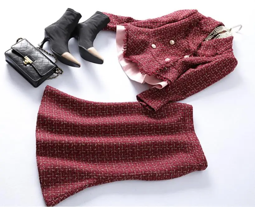 Осенний женский твидовый в клетку шерстяной пиджак с длинными рукавами и кисточками+ юбка-годе, комплект из 2 предметов