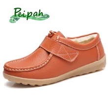 PEIPAH/женские мокасины из натуральной кожи на меху; женская обувь на плоской подошве; сезон осень-зима; повседневная женская обувь на резиновой подошве; женская обувь на плоской подошве с застежкой-липучкой