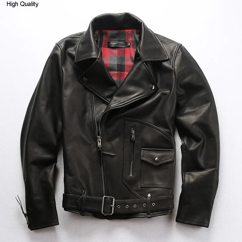 Мужская приталенная куртка из воловьей кожи черная мотоциклетная на молнии с