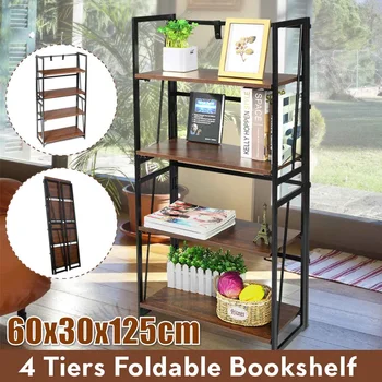 

4 Tiers Foldable Display Stand Bookshelf Corner Closet Sundries Book Storage Organizer MDF Stable Steel Frame For Home Office
