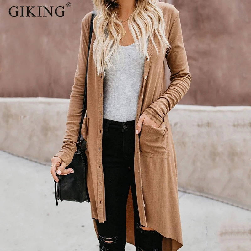 

GIKING Autumn Winter Long Cardigans Women Sweater Long Sleeve Solid Button Maxi Cardigan Casual Knitted Sweater Red Khaki Black