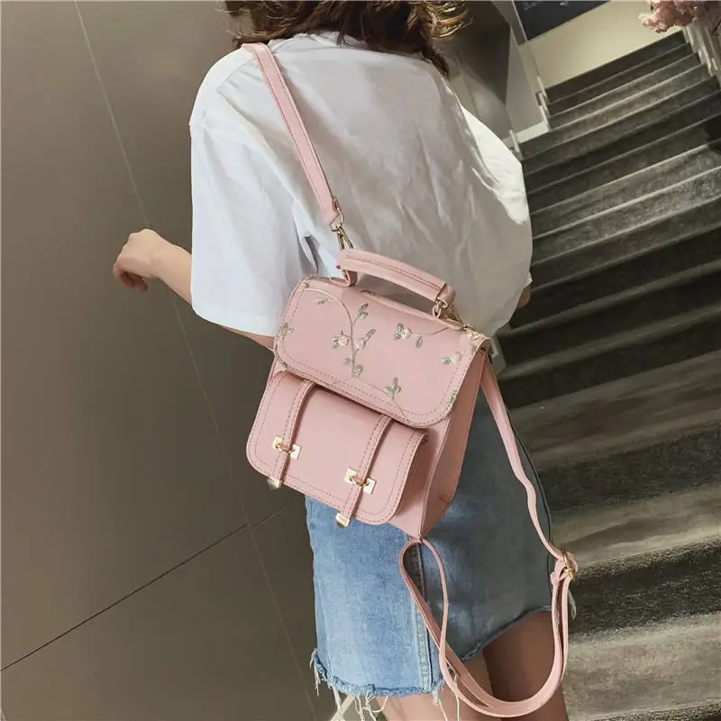 Fashion School Backpack Teenage Girls High Quality Leather Women Shoulder Bag Backpack Floral Embroidery Design Rucksack mochila