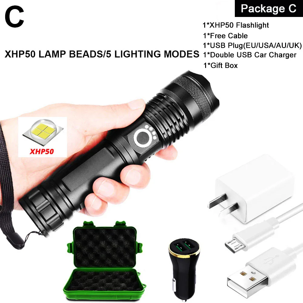 Package C-XHP50 EZK20 дропшиппинг XHP90 светодиодный светильник-вспышка с зумом USB Перезаряжаемый мощный дисплей мощный фонарь 18650 26650 ручной светильник - Испускаемый цвет: Package C-XHP50