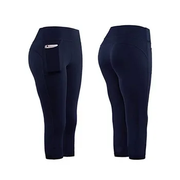 

Elastic High Waist Sports Leggings Women Pants Quick Dry 3/4 Running Cell Side Pocket Gym Leggings Push Up Fitness Tights
