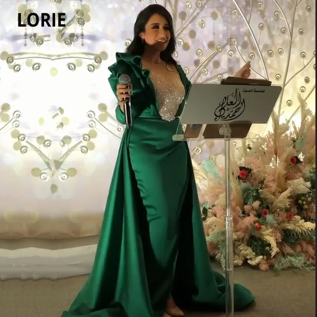 LORIE Emerald Green Evening Dress O-Neck Beaded Long Sleeves Satin Mermaid Arabic Muslim Prom Gown Formal Party Dresses 1