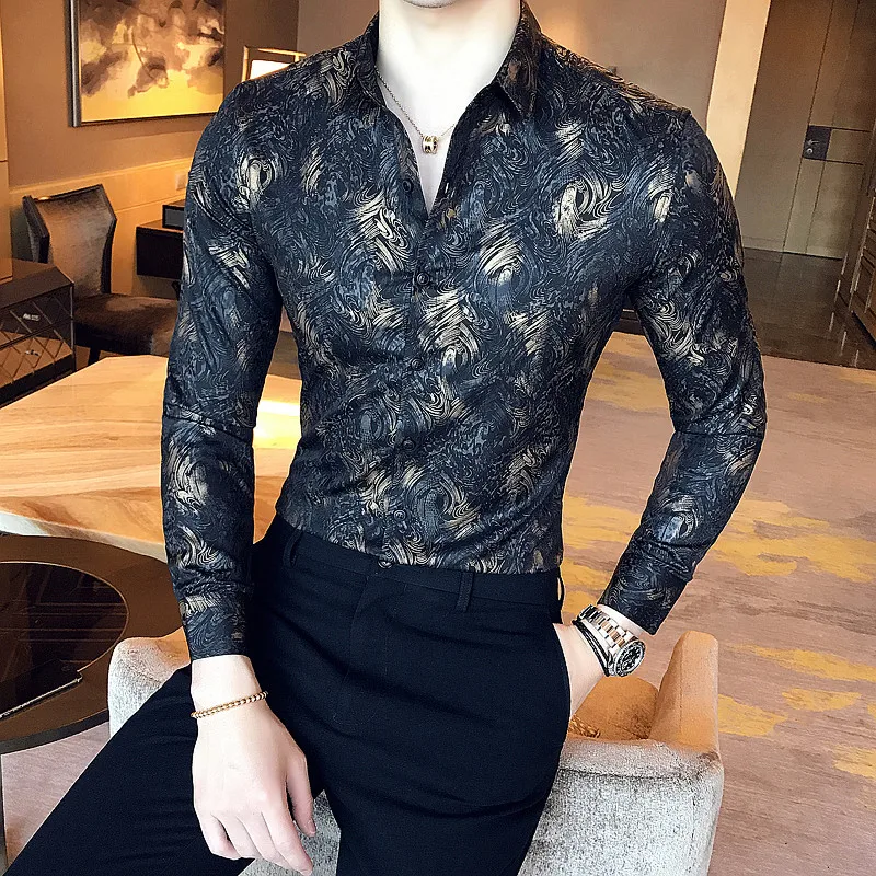 

Metallic Gold Shirt Men 2019 Autumn Printed Gold White Shirt Slim Fit Men Dress Shirt Party Wedding Club Shirt Camisa Masculina