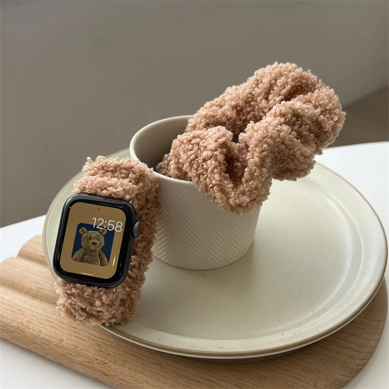 Эластичный ремешок для Apple Watch Band Series 7 6 SE 5 4 3 2 1 41 мм 45 38 40 42 44 Iwatch Женский плюшевый