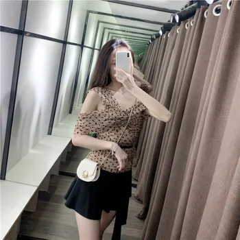 

CXFS 2020 New Summer Women Shirt Off Shoulder Sexy Lace Print Polka Dot Sleeveless Skew Collar Irregular Mesh Female Fashion