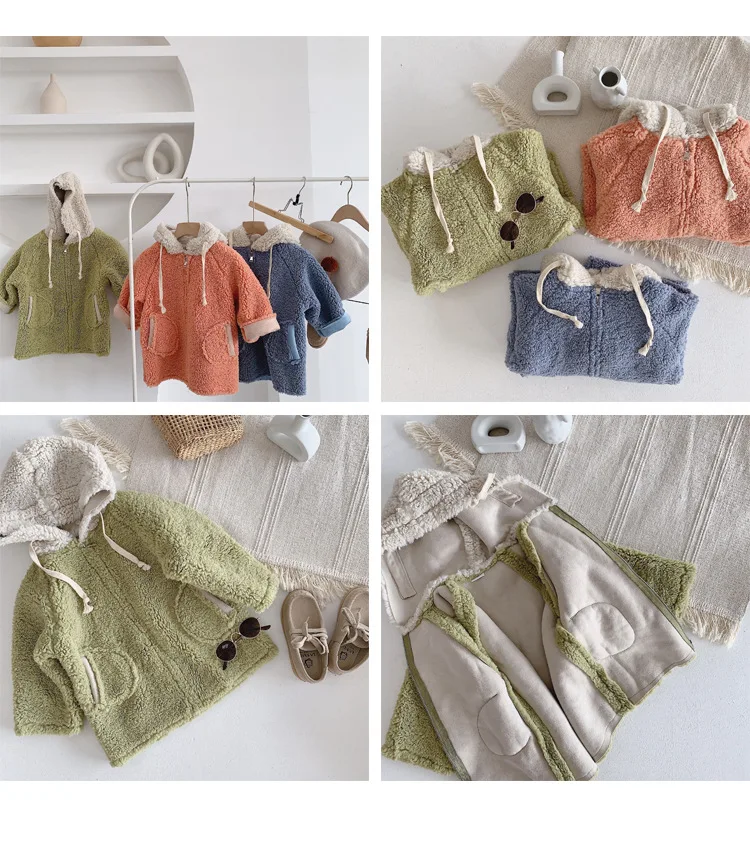 Winter fashion boys girls woolen hooded thick zipper jackets chilren loose oversized coats kids outwear