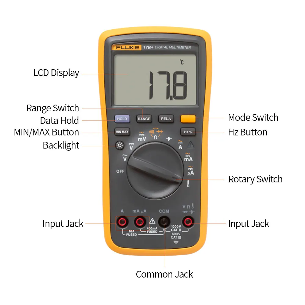 FLUKE F17B+ цифровой мультиметр Профессиональный 4000 отсчетов мультиметр портативный AC/DC Вольтметр Амперметр непрерывный тест ESR метр