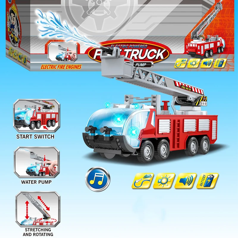 Ephex Interesting Plastic Boy Fire Truck Fun Alarm Sound Model Fire Truck Model Cool Water Pump Spray Decroration Educational