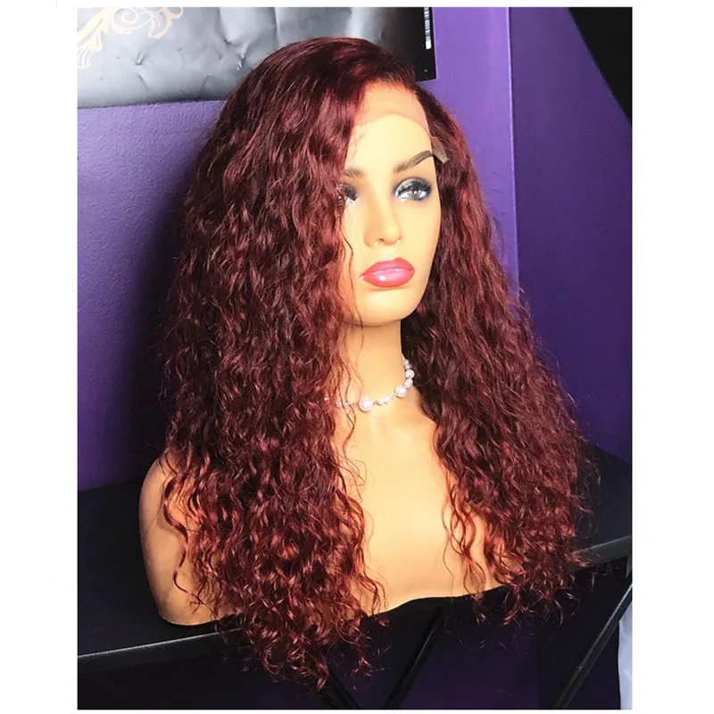 Темно-красный Цветной 13x6 Синтетические волосы на кружеве парики из натуральных волос кудрявый парик предварительно фронта шнурка с детскими волосами для Для женщин Nabeauty 150