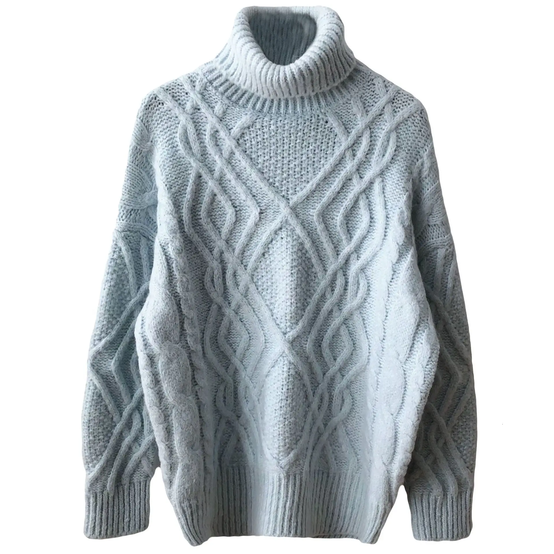 Mooirue, осень, милый свитер, мягкий, голубой, с высоким горлом, с закручивающимся кабелем, свободная, ленивая, утолщенная одежда, с цветами, тонкий свитер