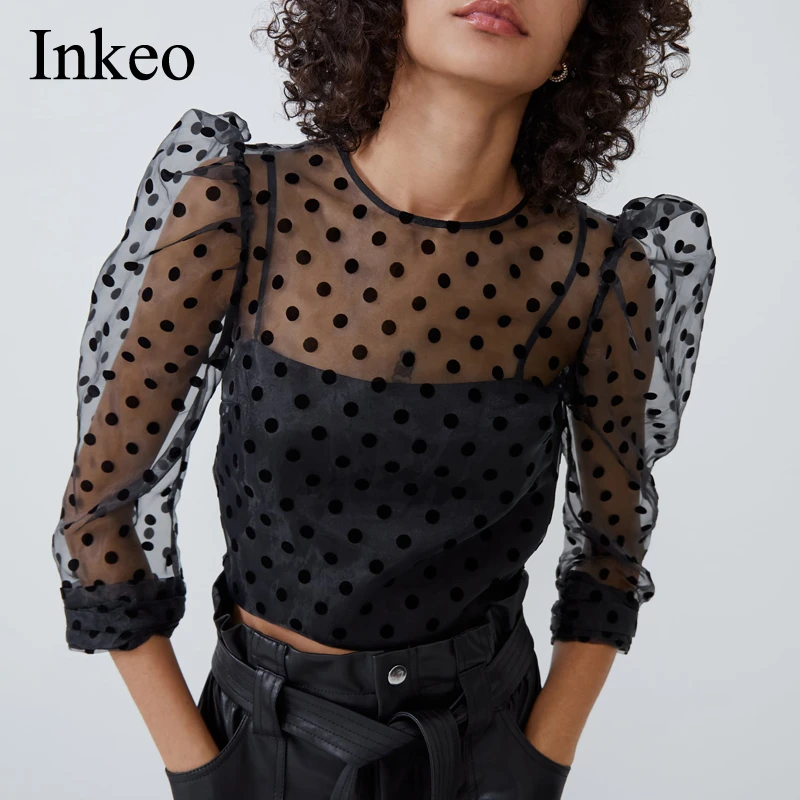 organza polka dot balloon sleeve blouse