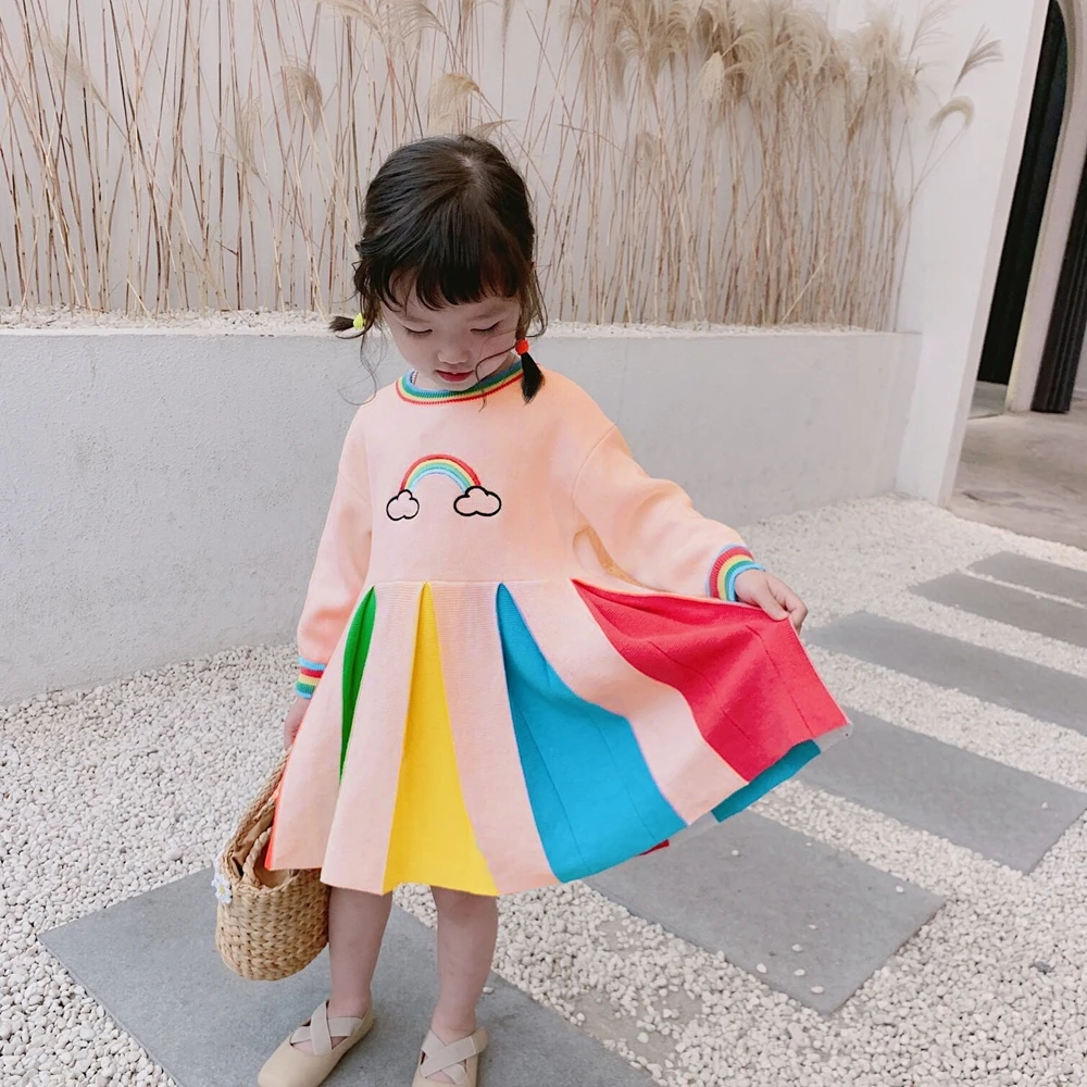 New Baby Girl Cotton Fashion Fall Winter Rainbow Long Sleeve Color Block Colorful Party Dresses for Kids Princess Dress | Детская одежда