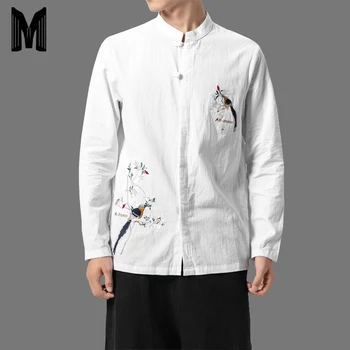 

5XL Plus Size Men Casual Long Sleeve Shirts White And Black Embroidery Printing Cotton Linen Retro Dress Shirt Y1873