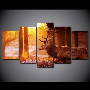 

5 Pieces Forest Deer Sunset Painting On Canvas Room Decoration Print Poster Picture Canvas Painting